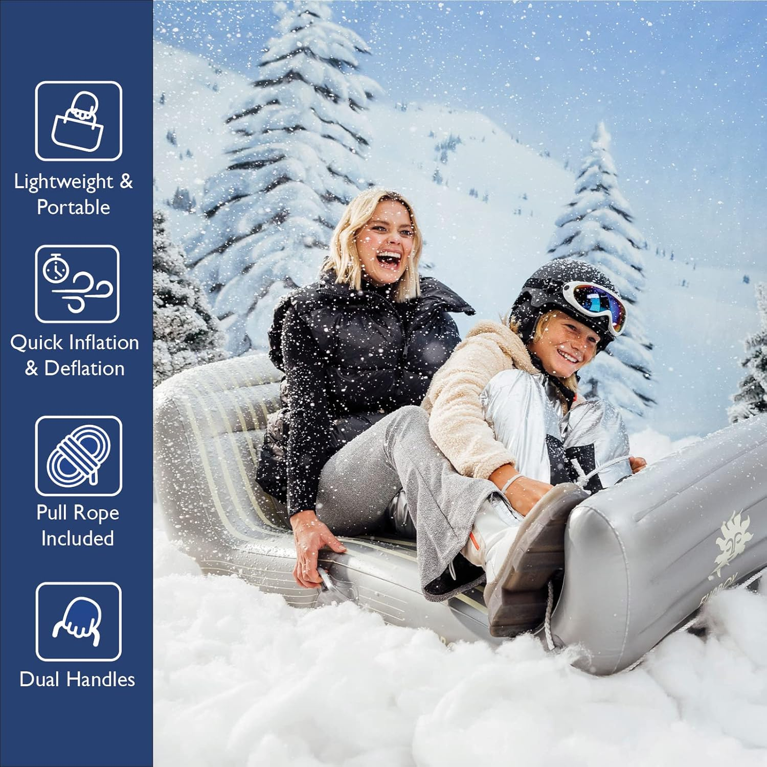 FUNBOY Inflatable Sleigh - Two Person Capacity Winter Snow Sled with Handles, Pull Rope, Rubber Base Tracks, Silver, Single - Retro image number 5
