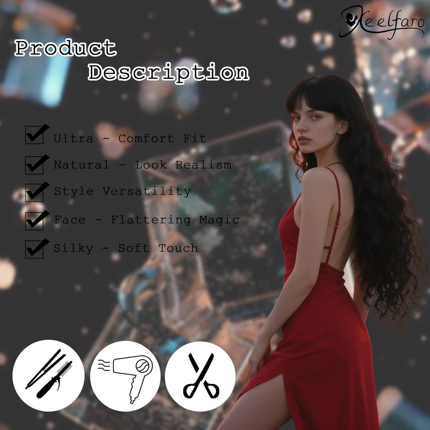 Xeelfaro Black Wavy Long Wig for Women Full Head with Natural Bang & Textured Curls, Soft 25Inch Wig for Everyday Styling Special Moments (Black, 25Inch) image number 2