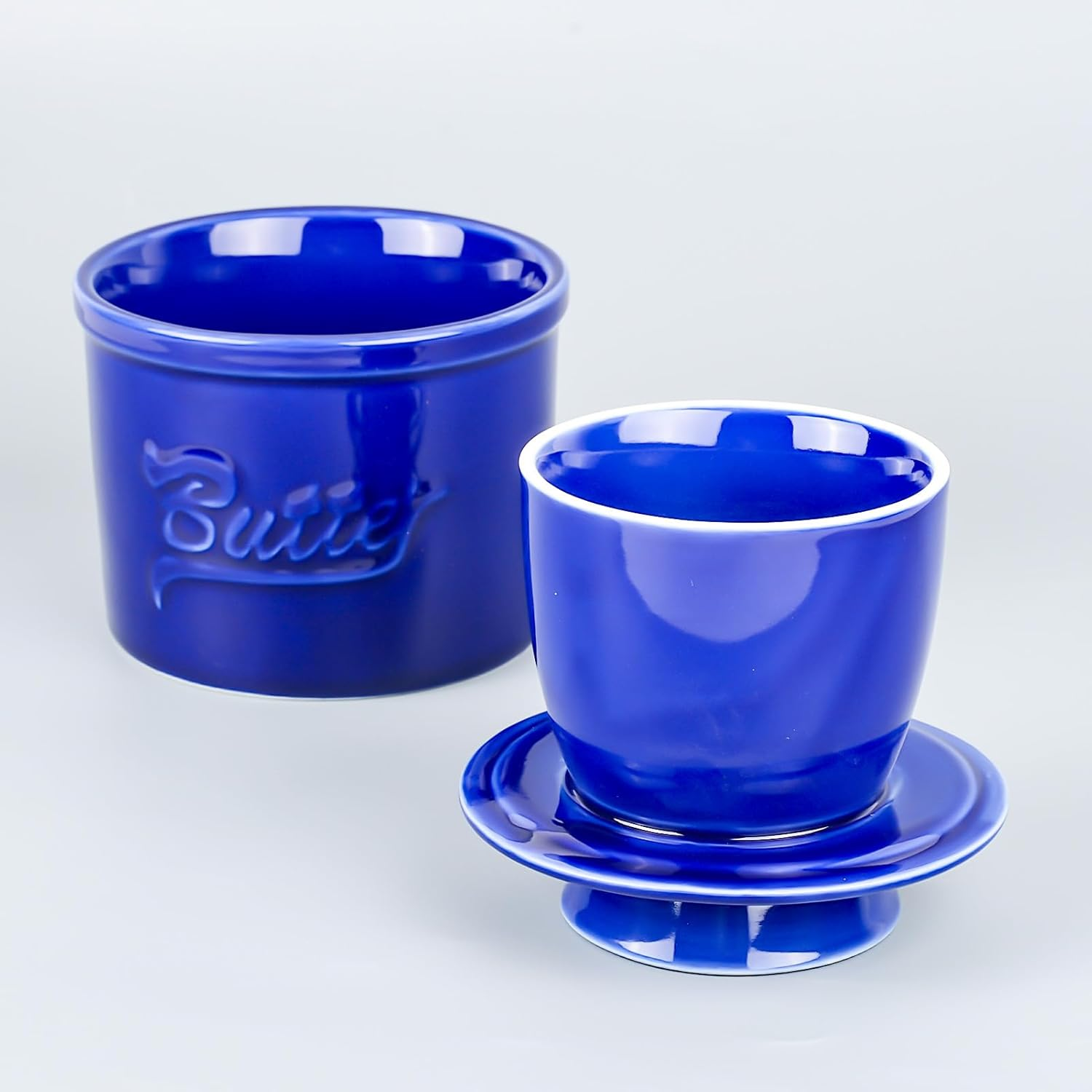 French Butter Crock,Butter Dish Cover Pot for Counter with Water Line,Butter Storage Bell Crock Keeper for Kitchen(Dark Blue) image number 4