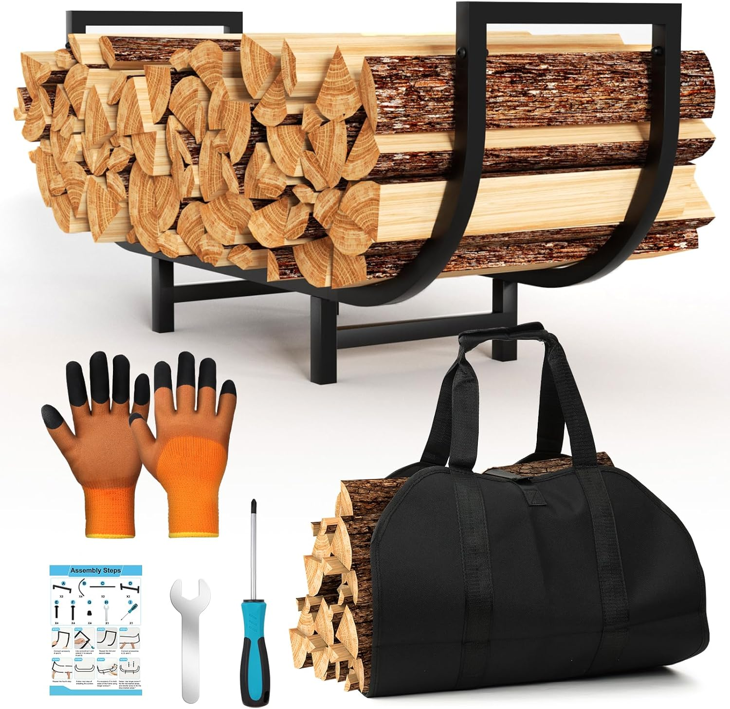 Firewood Rack Indoor with Log Carrier - 34Inch Fireplace Wood Holder, Black Outdoor Firewood Storage Organizer, Heavy Duty Log Holder for Fireplace, Patio Deck, Wood Carrier Tool image number 4