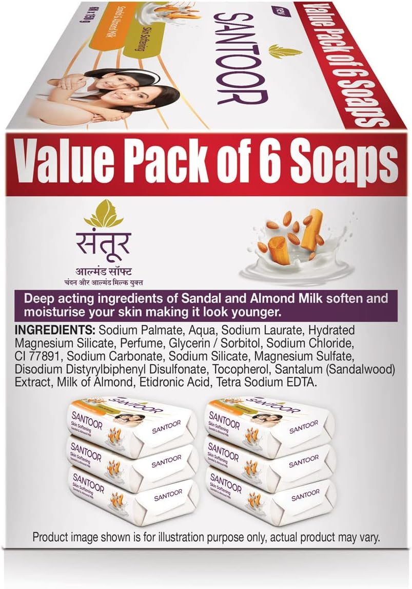 Santoor Sandalwood and Almond Milk Organic Soft Bath Soap for Softer, Smoother and Moisturised Skin, Combo Offer 150 G Pack of 6 image number 5