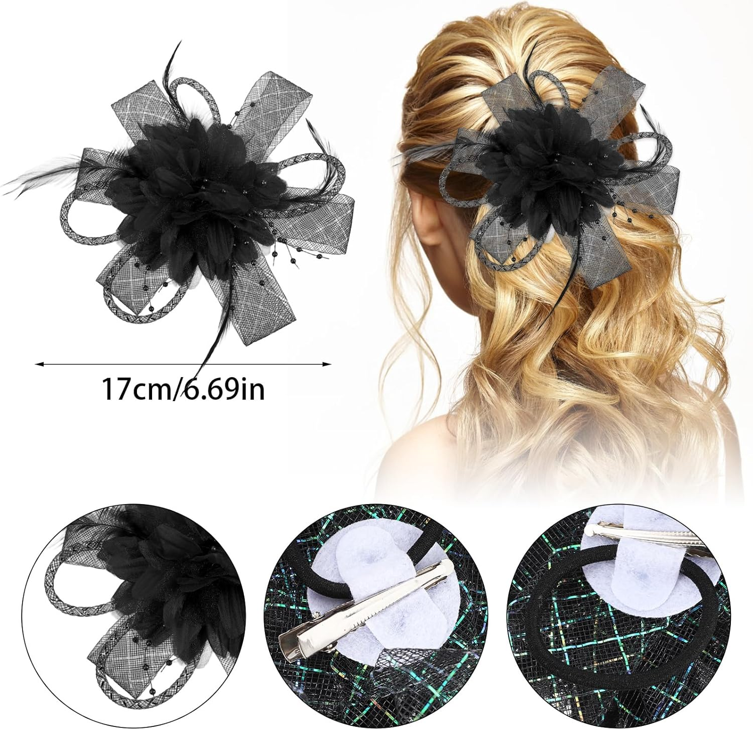 Sibba Flower Hats Clip Tea Party Lapel Pin Hair Clip Flower Feather Hair Clips Hair Pin Butterfly Accessories Dresses Headband Set Women Girls Travel Wedding Prom Valentine'S Day Black C image number 2