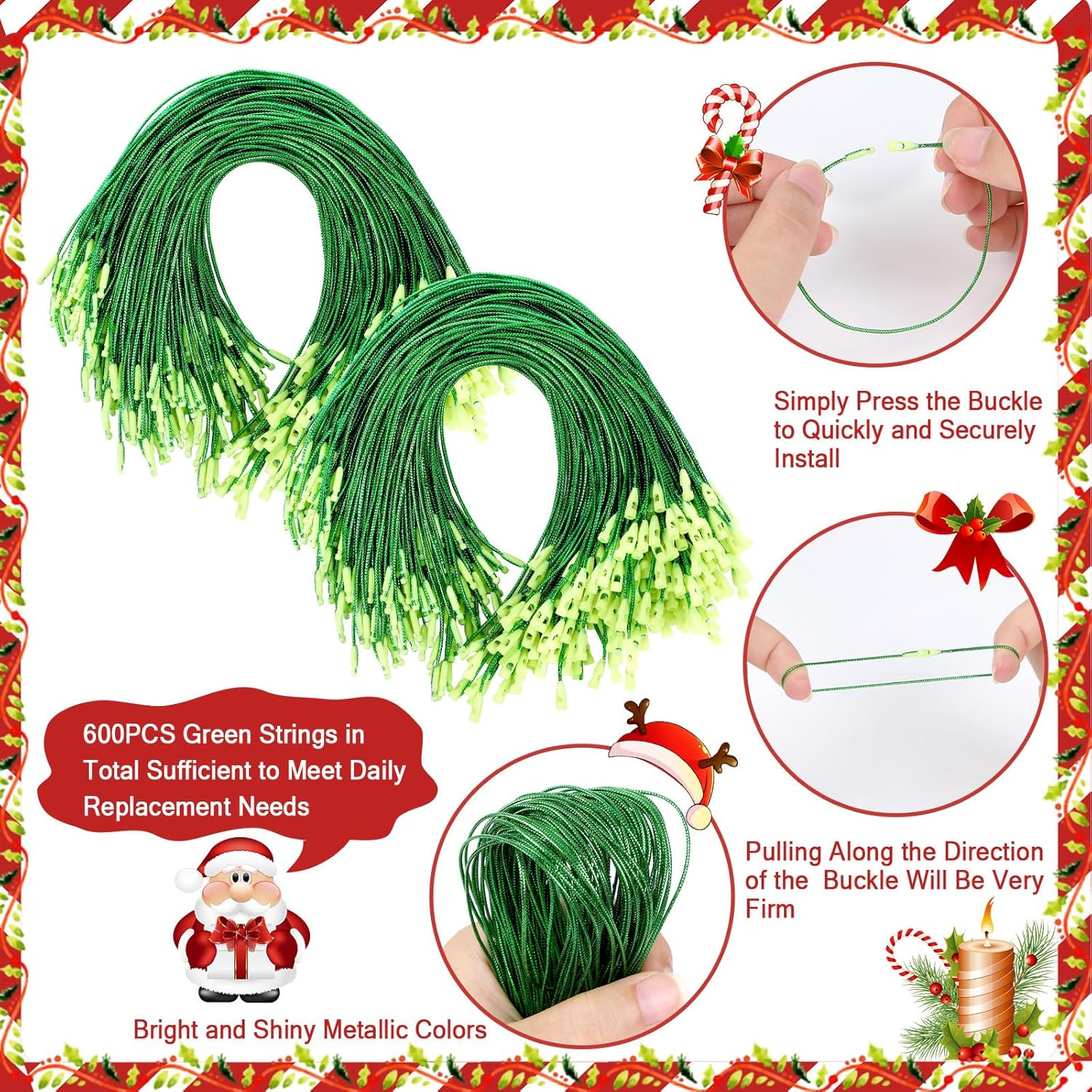 JUNEBRUSHS 600Pcs Christmas Ornament Hooks, Ornament Hangers with Snap Ornament String for Christmas Tree Holiday Party Hanging Decorations Ropes Easy and Fast Locking (Green) image number 2