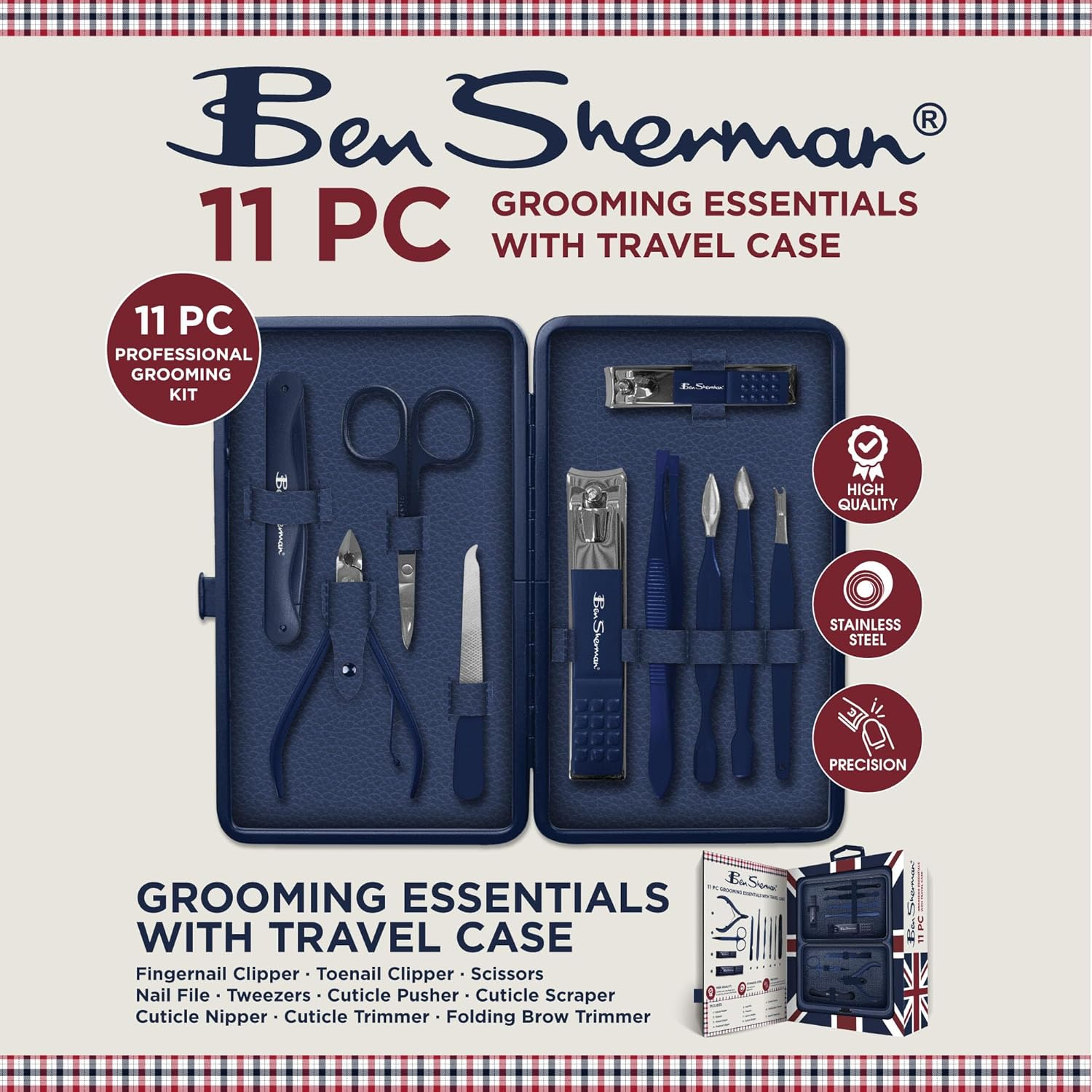 Ben Sherman Nail Clippers for Men Travel Size Nail Clipper Set, 11 Pcs Mens Nail Grooming Kit Includes Nail Clippers, Scissors, Tweezers and Traveling Case image number 1