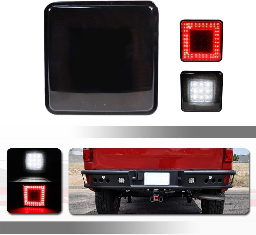 Tonsya 3-In-1 Smoked Lens Universal LED Hauling 2" Receiver Compatible with Truck SUV RV Trailer Rear Bumper Driving Lamp Brake Tail Reverse Tow Hitch Cover Light