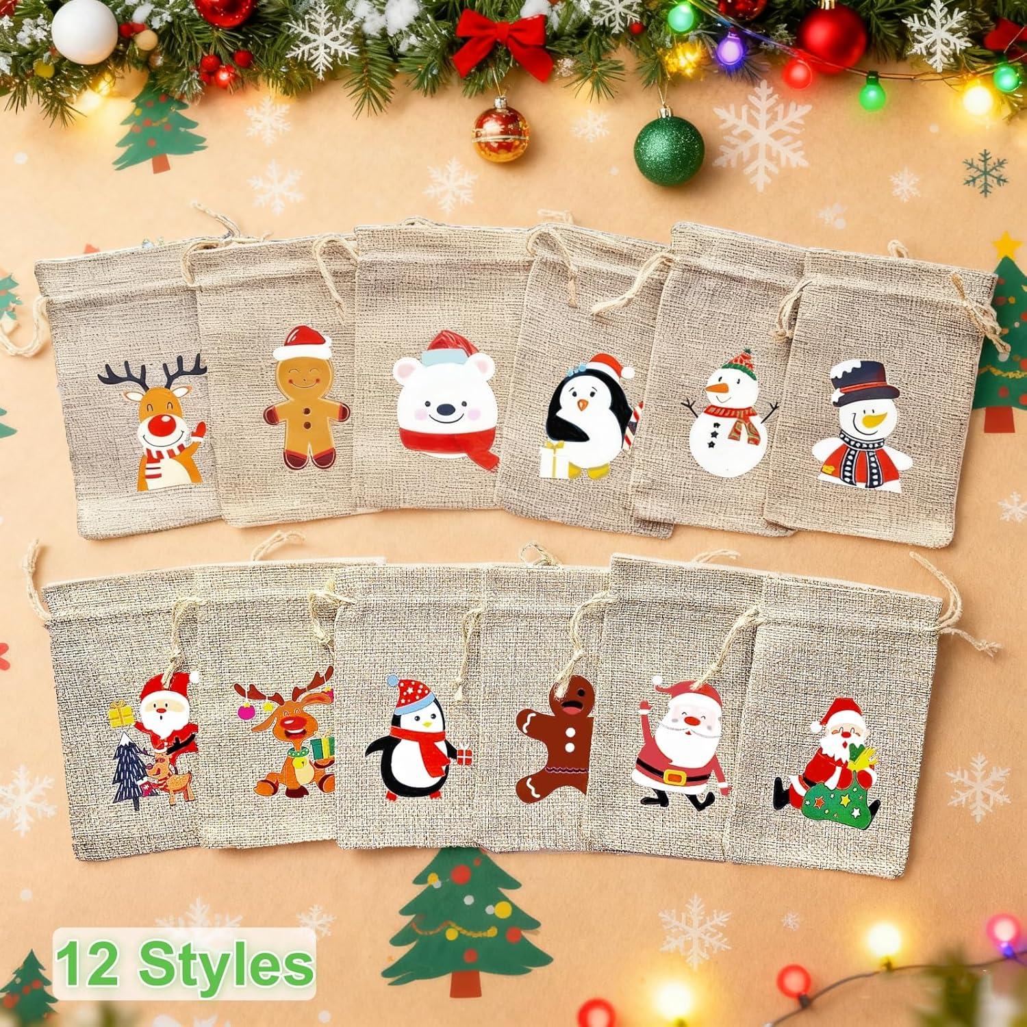 12 Pack Christmas Linen Bags, 10 X 15 Cm Bags, Candy Goodie Treat Bags, Drawstrings Burlap Bags for X&lsquo;Mas Party, Reusable Wrapping Bags (12 DESIGNS) - Graphic image number 4