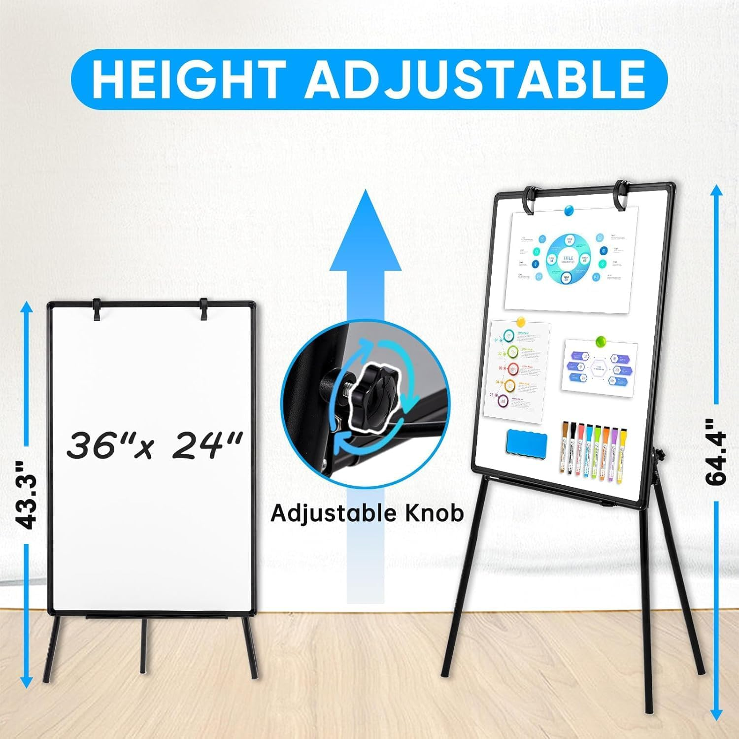 Homodoskey White Board with Stands 36" X 24" Whiteboard Easel Standing Magnetic Dry Erase Board Portable Tripod Height Adjustable Easel for Office School Home 8 Markers 8 Magnets 1 Eraser (Black) image number 3