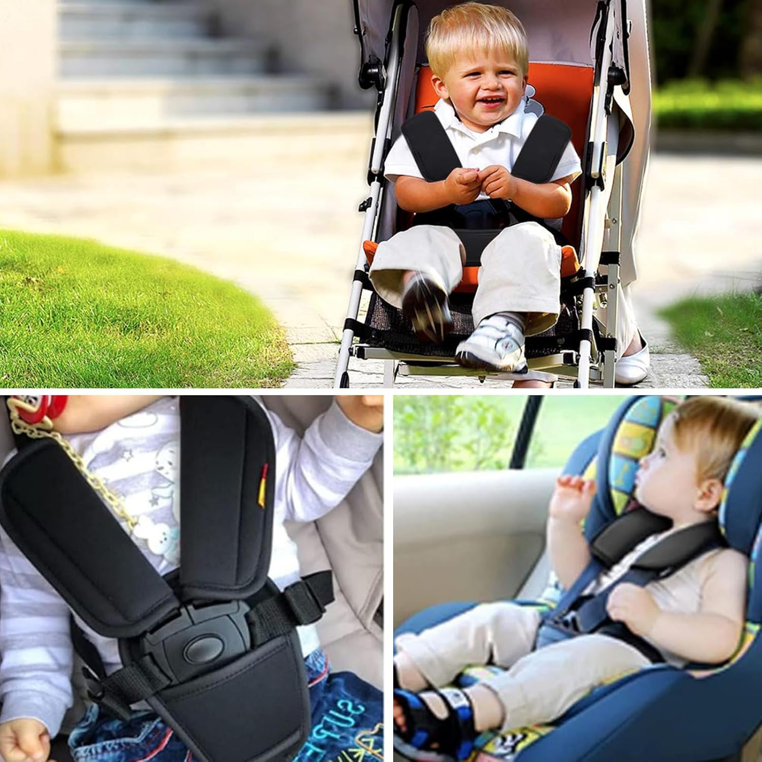 3 Pcs Ling-Luo Black Baby Stroller Seat Belt Strap Covers - Soft Universal Cushion for Newborns Infants Toddlers Kids, Comfortable Pushchair Car Seat Shoulder Strap Protectors