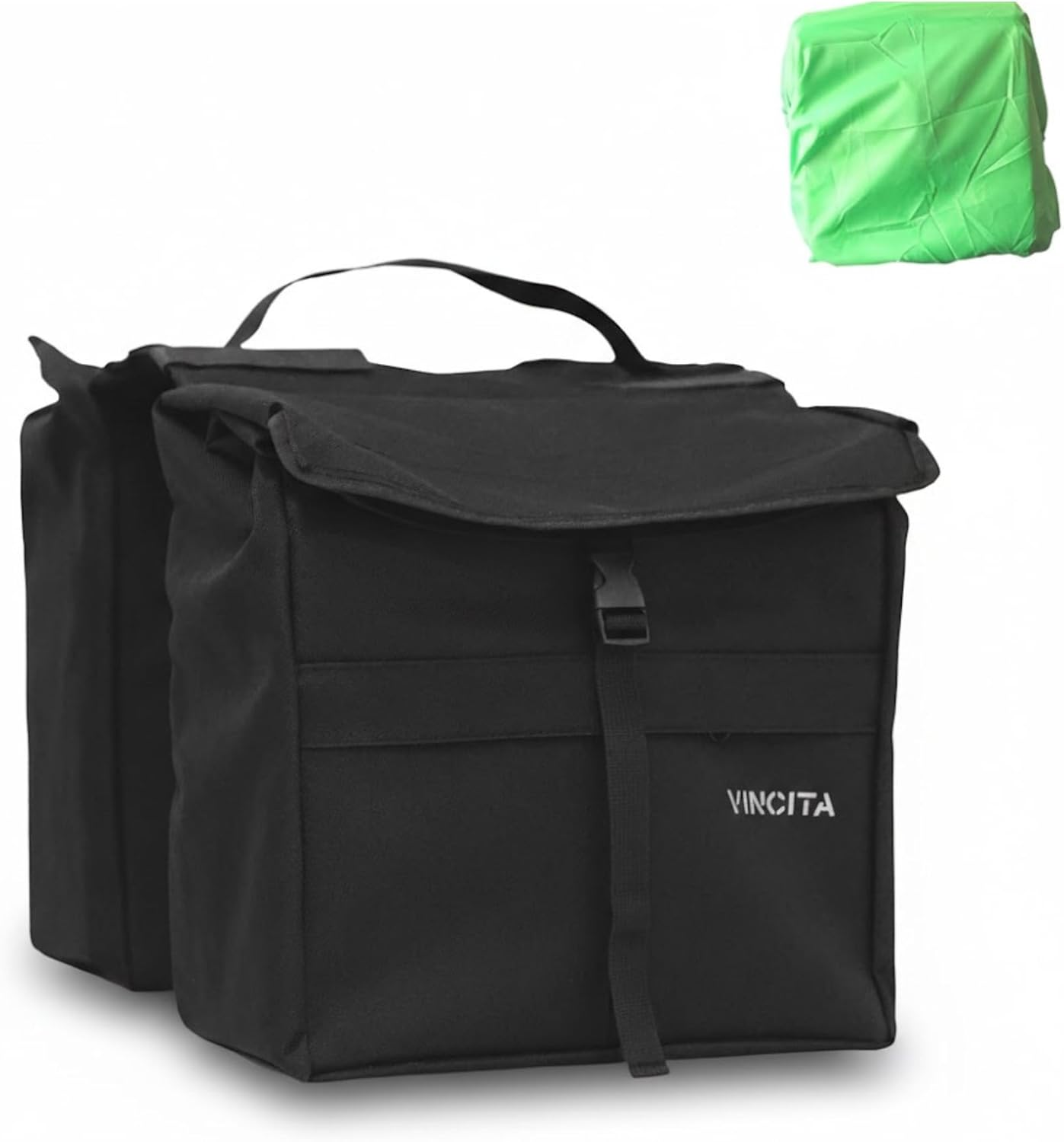 Vincita New Top Load Double Pannier Water Resistant Cycling Side Bags - with Rain Cover, Large, Carrying Handle, Reflective Spots - Bike Rack Carrier Saddle Bag - Bicycle Accessories (Black/Turquoise)