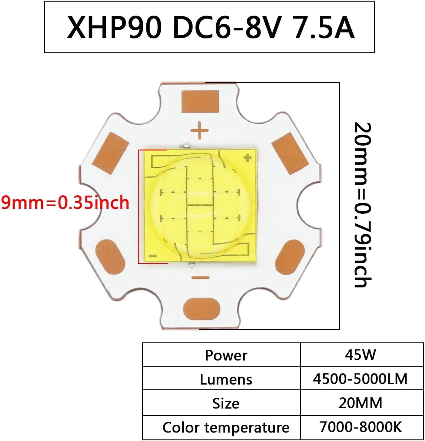 NFGZFNMKYW 1Pcs LED Beads 30W 45W Light DC3V-4V DC6-8V XHP90 LED COB Chip Cold White Lamp DIY for Flashlight Car Light Diving Light Source(Dc6-8V 7.5A) image number 4