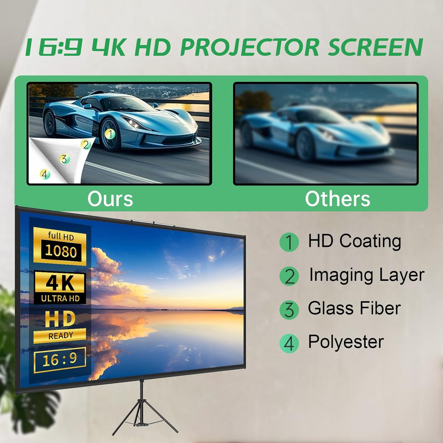 Tripod Projector Screen with Stand 80 Inch 16:9 4K HD Projection Screen Stand Wrinkle-Free Height Adjustable Portable Screen for Projector Indoor & Outdoor for Movie,Home Cinema,Gaming,Office image number 6