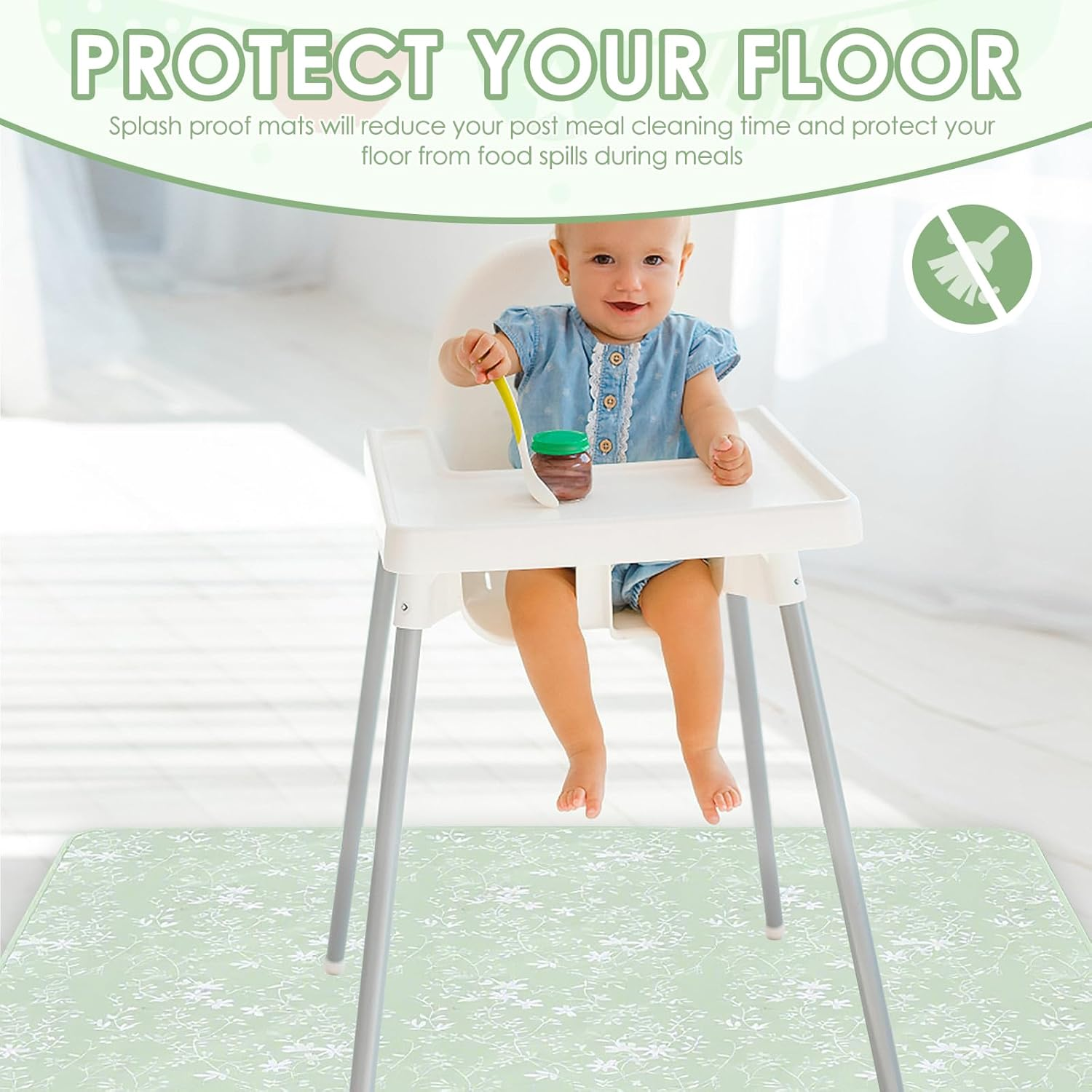 51Inch Baby High Chair Splash Mat, Waterproof Baby Food Spill Floor Mat, Nonslip Portable Picnic Pad, Baby Crawling Mat for under High Chair 130&times;130 Cm (Green) - Colorful image number 5