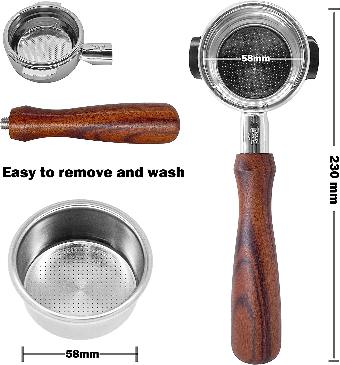 NEOUZA 58Mm Bottomless Portafilter Set for Espresso Coffee Machine Compatible with Expobar Gemilai Rocket Rancilio E61 Group 304 Stainless Steel Two Ears image number 3