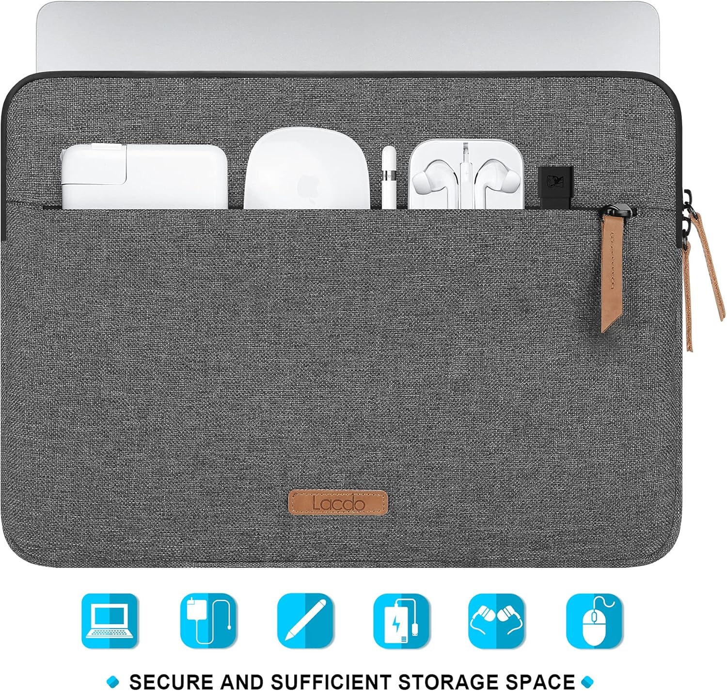 Lacdo 360&deg; Protective Laptop Sleeve Case for 15 Inch Macbook Air M4 A3241 2025, M3 A3114, M2 A2941 2024-2023, 15" Macbook Pro A1990 A1707, Dell XPS 15 plus Computer Bag with Accessory Pouch, Dark Gray image number 4