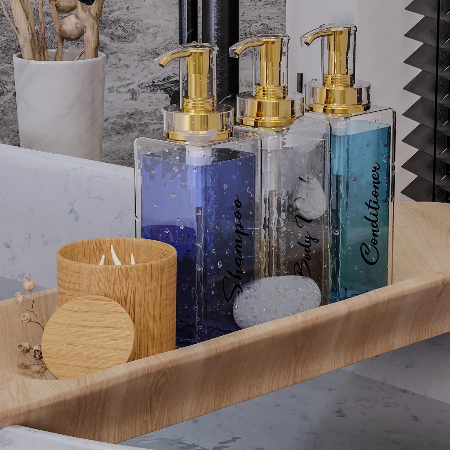 Akalin Shampoo and Conditioner Dispenser 16Oz, Set of 3 Refillable Shampoo and Conditioner Bottles with Pump, 3 Clear Body Wash Dispenser for Shower, Gold Soap Dispenser Bathroom (Clear) - White image number 3