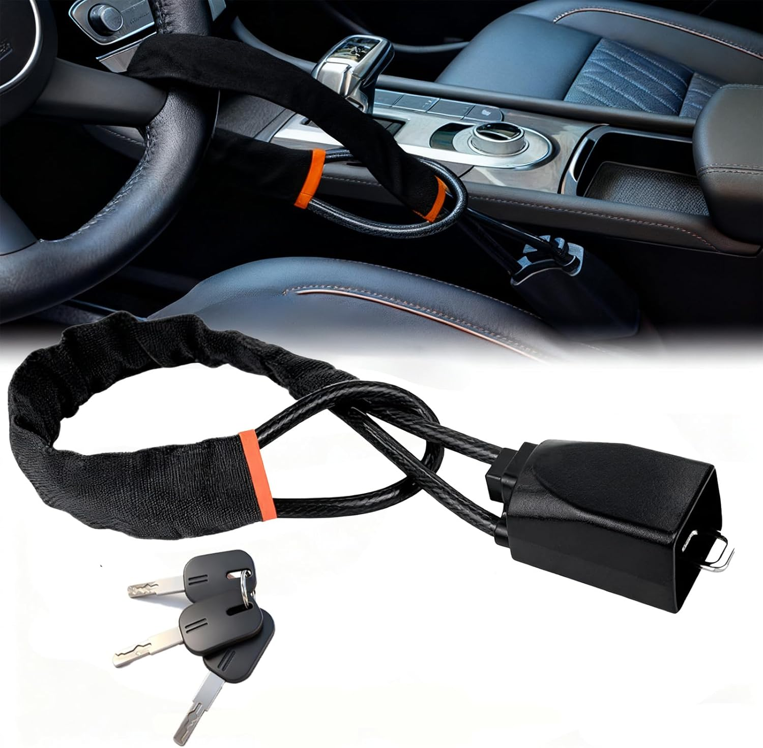 Car Steering Wheel Lock & Seat Belt Lock - Universal Anti-Theft for Cars, Suvs, Golf Carts, Max 17&rdquo; Length | Compact, Lightweight & Multi-Functional Security Device with 3 Keys (Black)