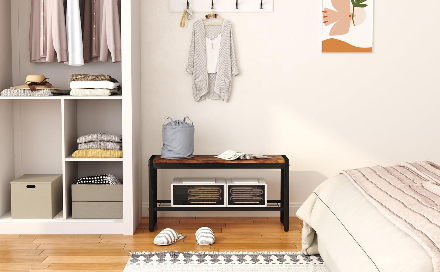 HOMEFORT Shoe Bench, Modern Industrial Shoe Storage Bench, Entryway Bench with Mesh Shelf and Sturdy Metal Frame, Metal Shoe Rack with Durable MDF Top for Hallway, Mudroom, Living Room, Rustic Brown image number 5