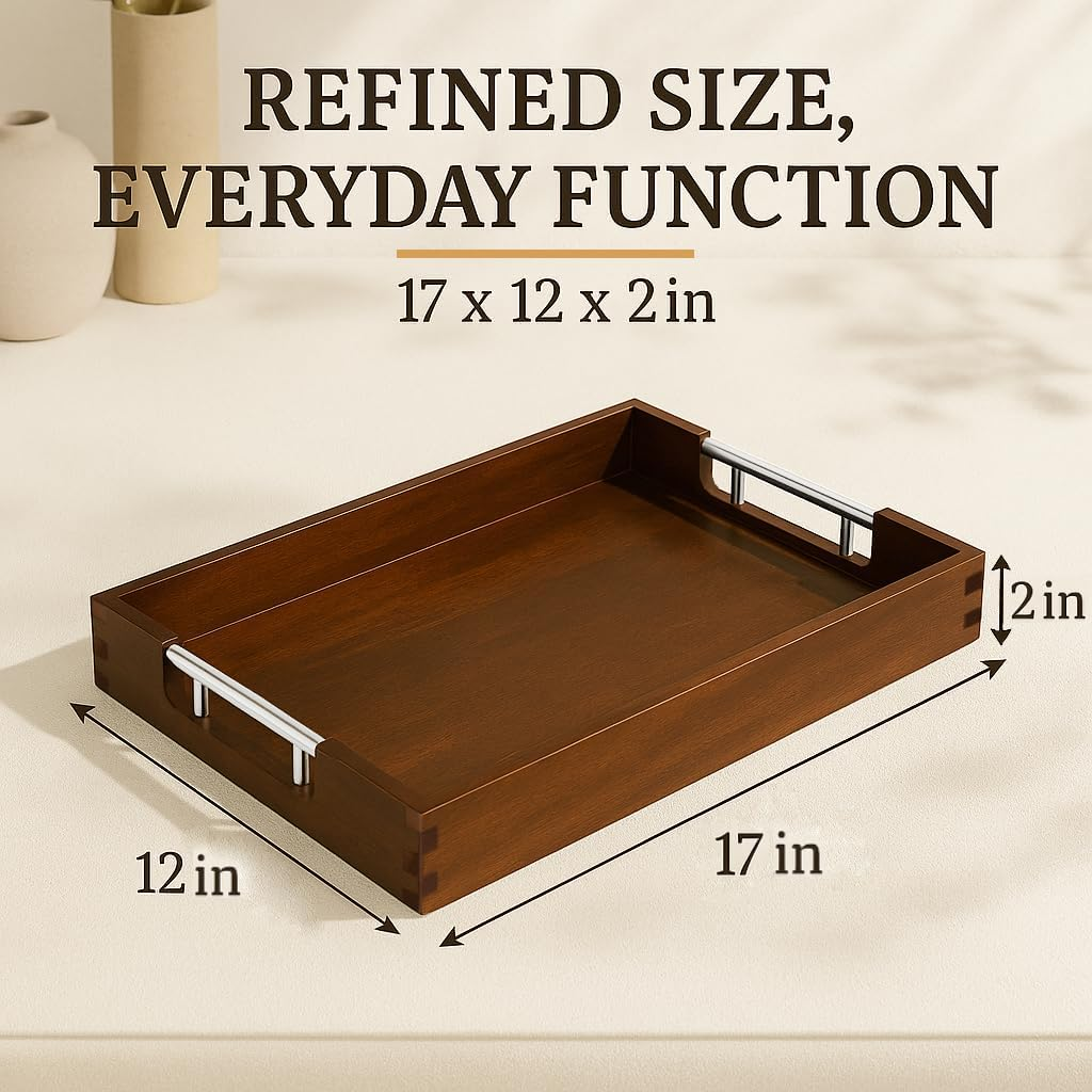 Swyftee Serving Tray with Handles &ndash; 17 X 12 X 2 Inch Dark Brown Acacia Wood Ottoman Tray Table Trays Decorative &ndash; Coffee Tray Wood Decor for Kitchen &ndash; Breakfast in Bed Tray with Silver Metal Handles image number 4