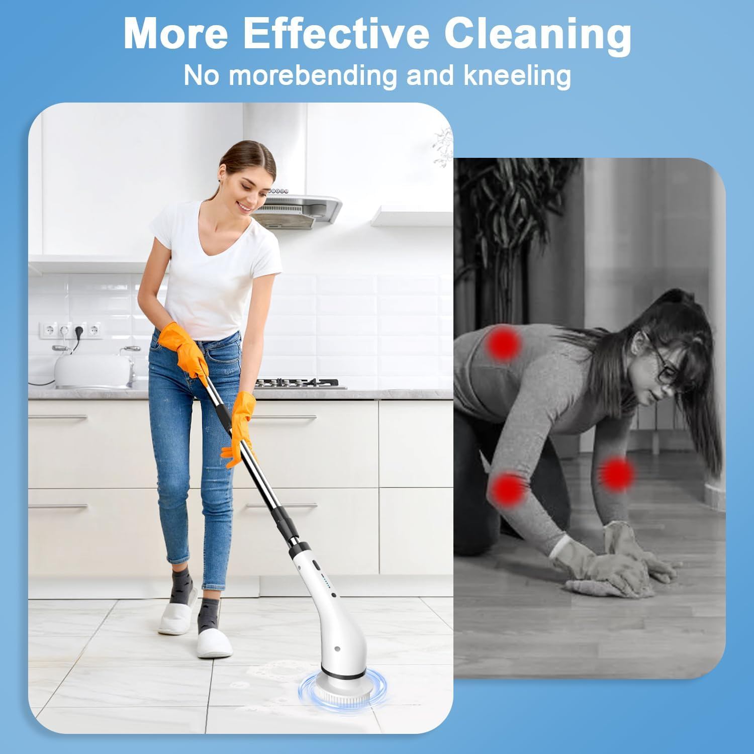 GRUTTI Electric Spin Scrubber, Cordless Shower Scrubber with 8 Replaceable Brush Heads, Electric Bathroom Scrubber with 2 Speeds, Adjustable Extension Arm, for Bathtub Window Car Grout Tile Floor image number 3