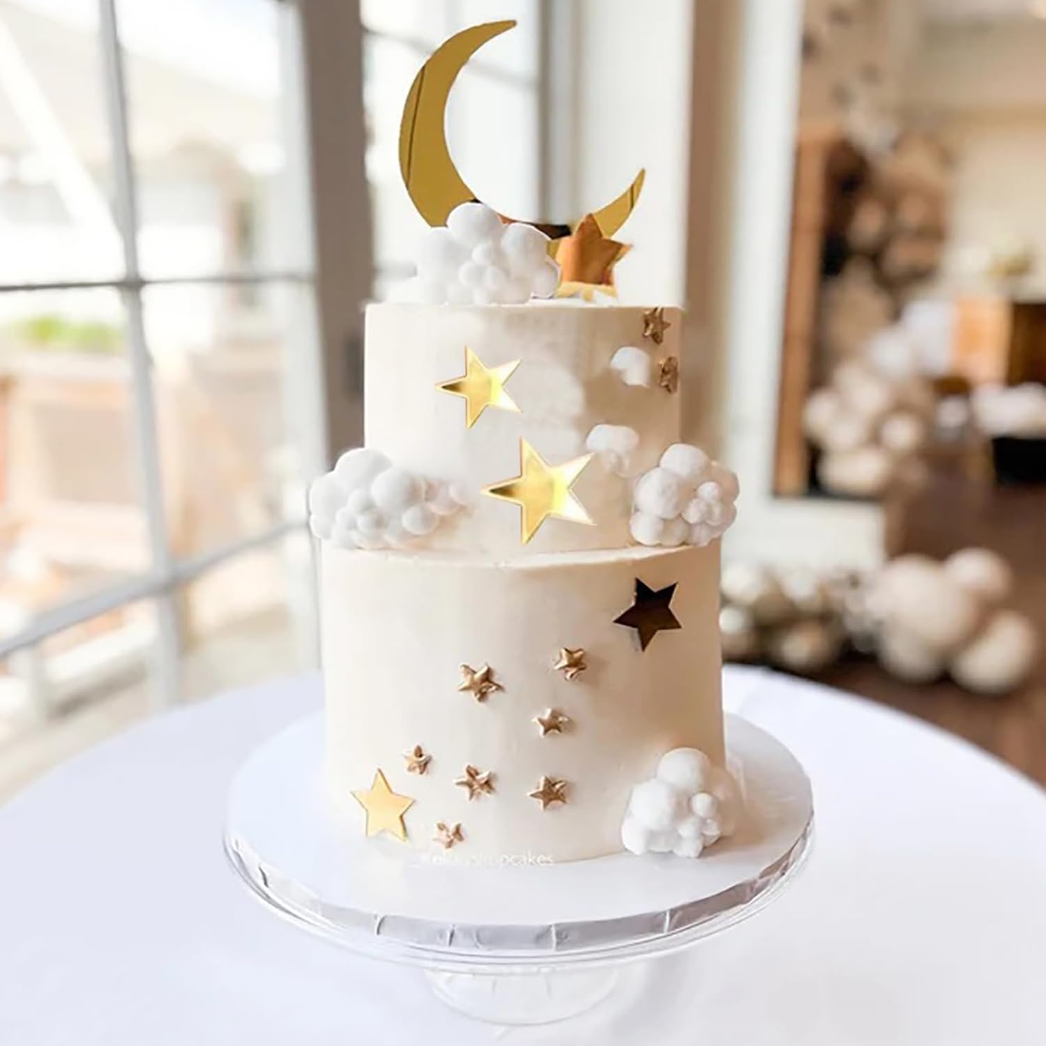 Moon Star Cake Toppers,Acrylic Cake Decorations Twinkle Twinkle Little Star Celestial Cake Charms Mirror Gold for over the Moon Baby Shower Wedding Birthday Party image number 1