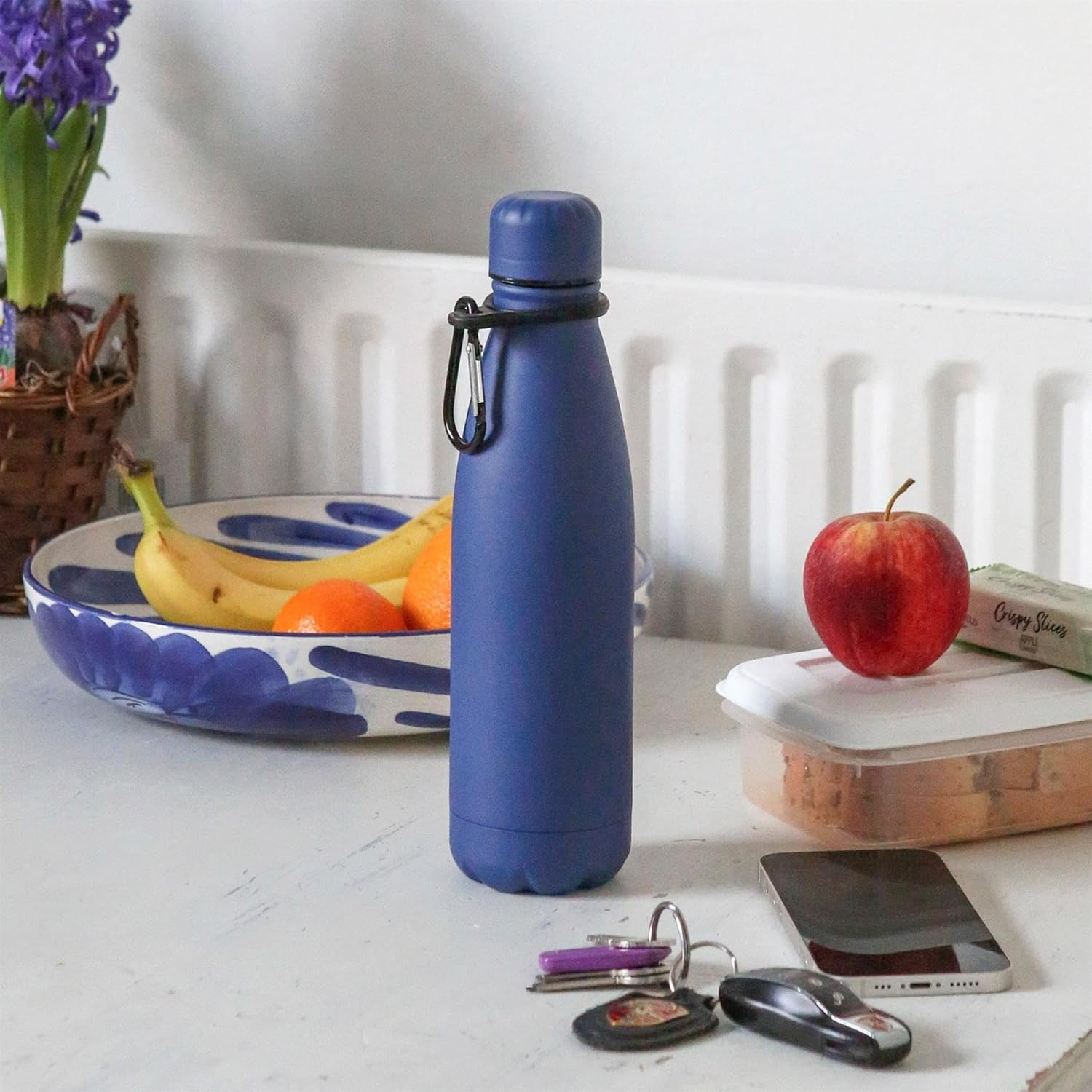 Harbour Housewares Stainless Steel Water Bottle with Carabiner Clip - 500Ml - Matt Blue - 1X Metal Cold Drink Drinking Vacuum Drinks Flask with Leak Proof Lid for Adults & Kids Gym, Sports, Travel image number 6