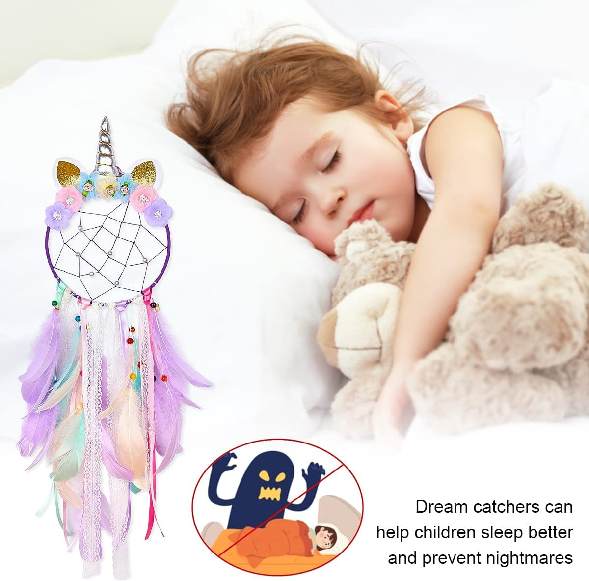 Dream Catchers for Kids Colorful Feather Dream Catcher Handmade Flowers for Girls Kids Bedroom Nursery Wall Decoration Blessing Gift(Purple) image number 6