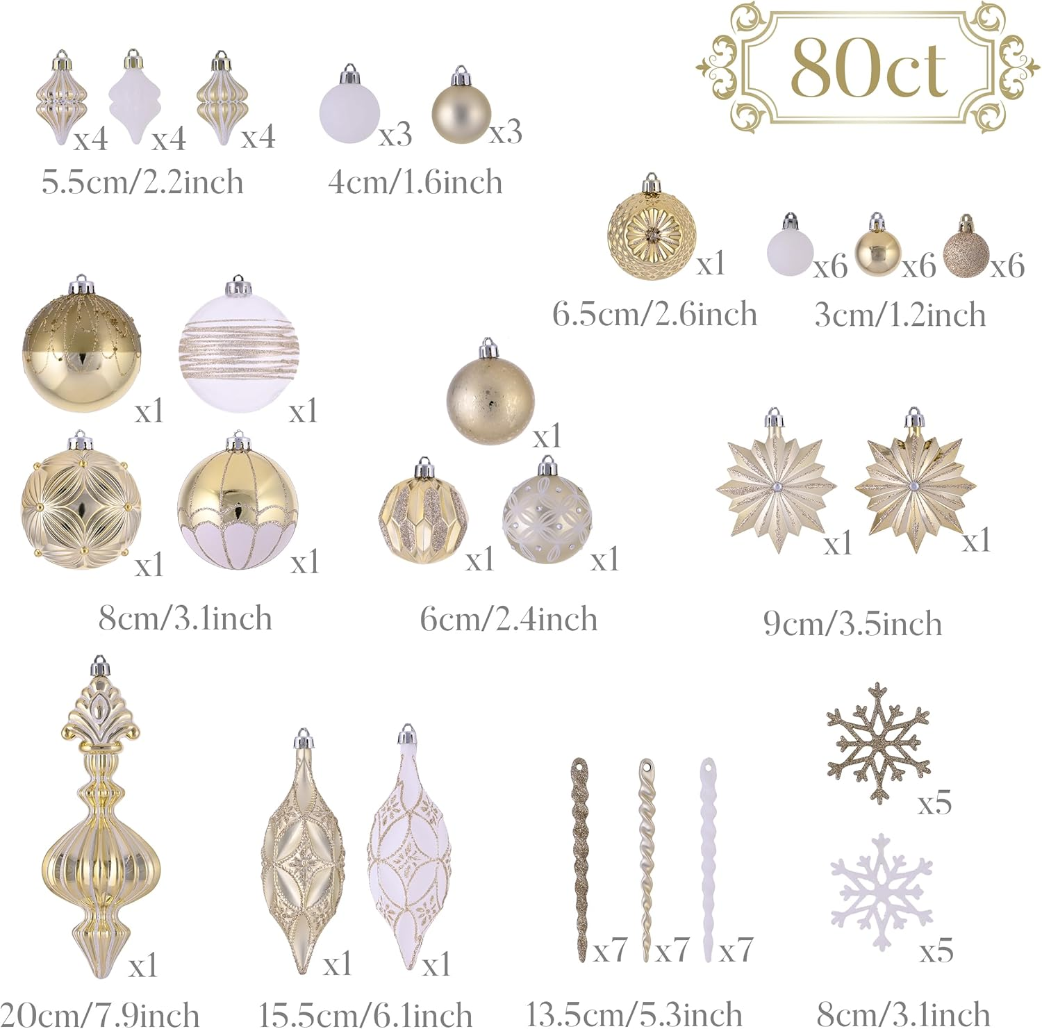 Valery Madelyn Christmas Tree Ornaments Set for Valentines, 80Ct White and Gold Shatterproof Christmas Tree Decorations Bulk, Luxury Hanging Ball Ornaments for Xmas Trees Holiday Wedding Decor image number 3