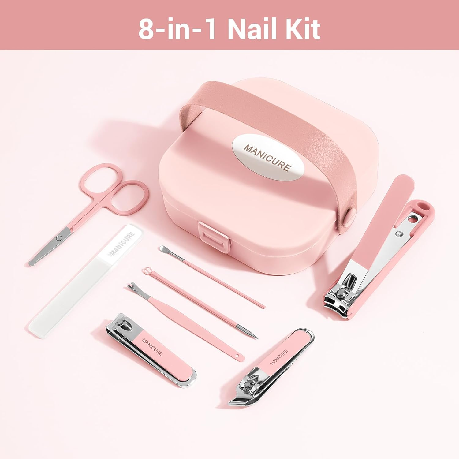 Nail Clipper Set,8-In-1 Nail Kit,Stainless Steel Manicure Set,Tweezers and Nail File Kit Travel Portable, Nail File Nail Cutter Set for Men/Women (Pink) image number 3