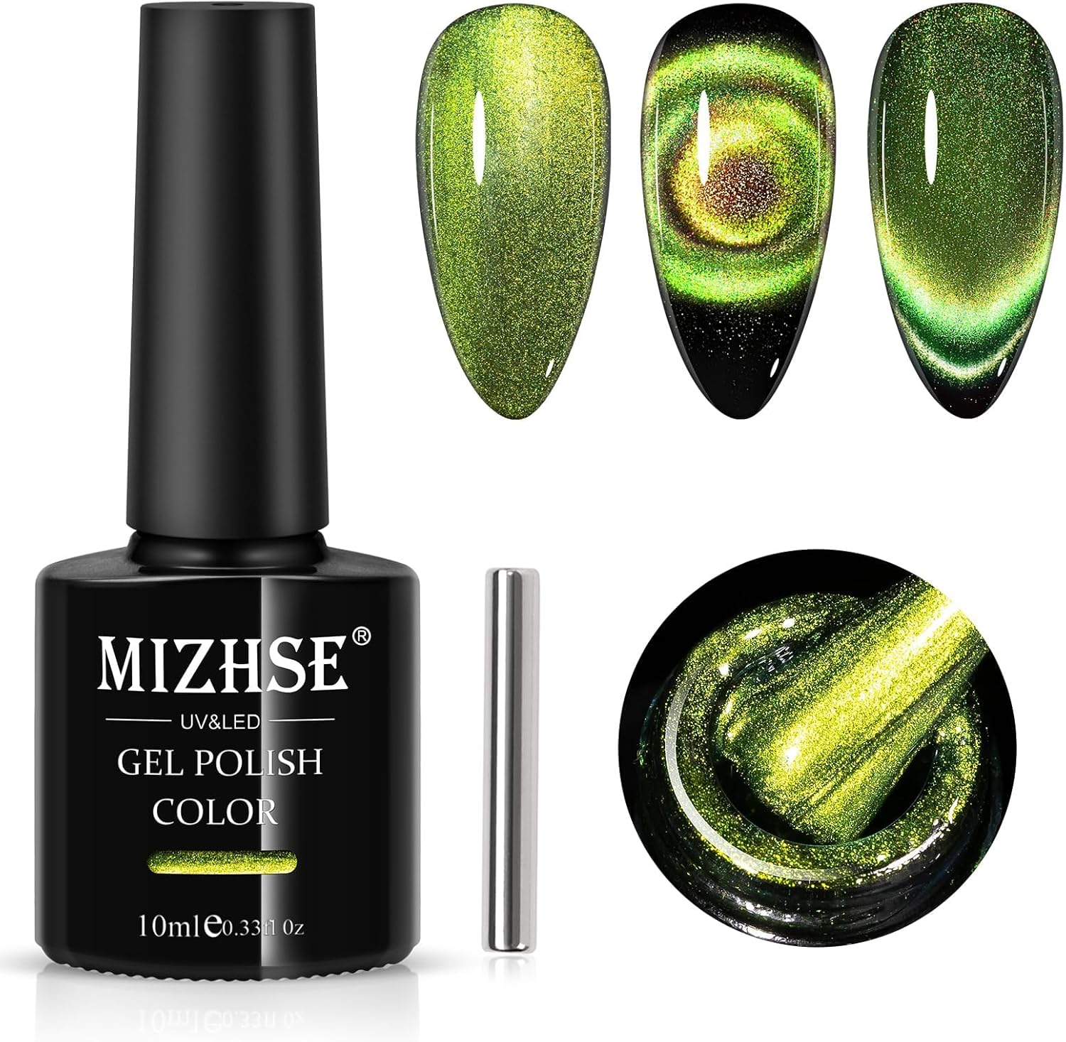 MIZHSE Cat Eye Gel Nail Polish, Bright Green Magnetic Gel Polish with Magnet Stick, Magic Shimmer Galaxy Effect Holographic Glitter Silky Cat Eye Nail Polish Soak off Nail Art Manicure at Home image number 2
