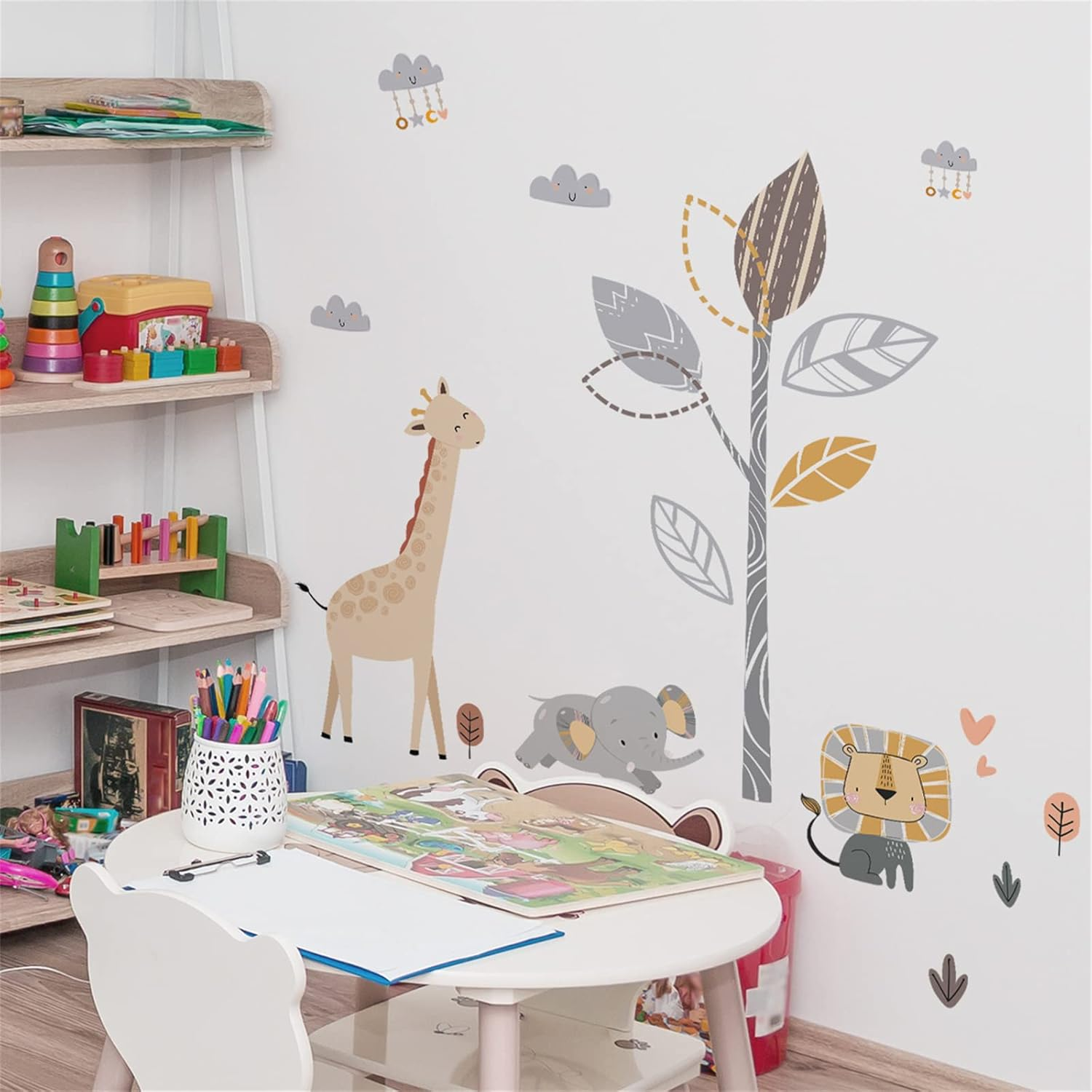 Safari Elephant Tree Wall Decals Peel and Stick Giraffe Stickers Jungle Nursery Wallpaper Boho Rainbow Baby Room Wall Decor - Multi image number 3