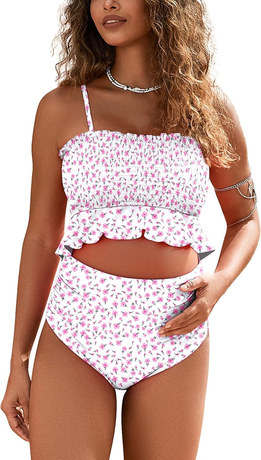 Maternity Swimsuit Two Piece Bikini Bandeau Top Hipster Bottom High Waisted image number 4