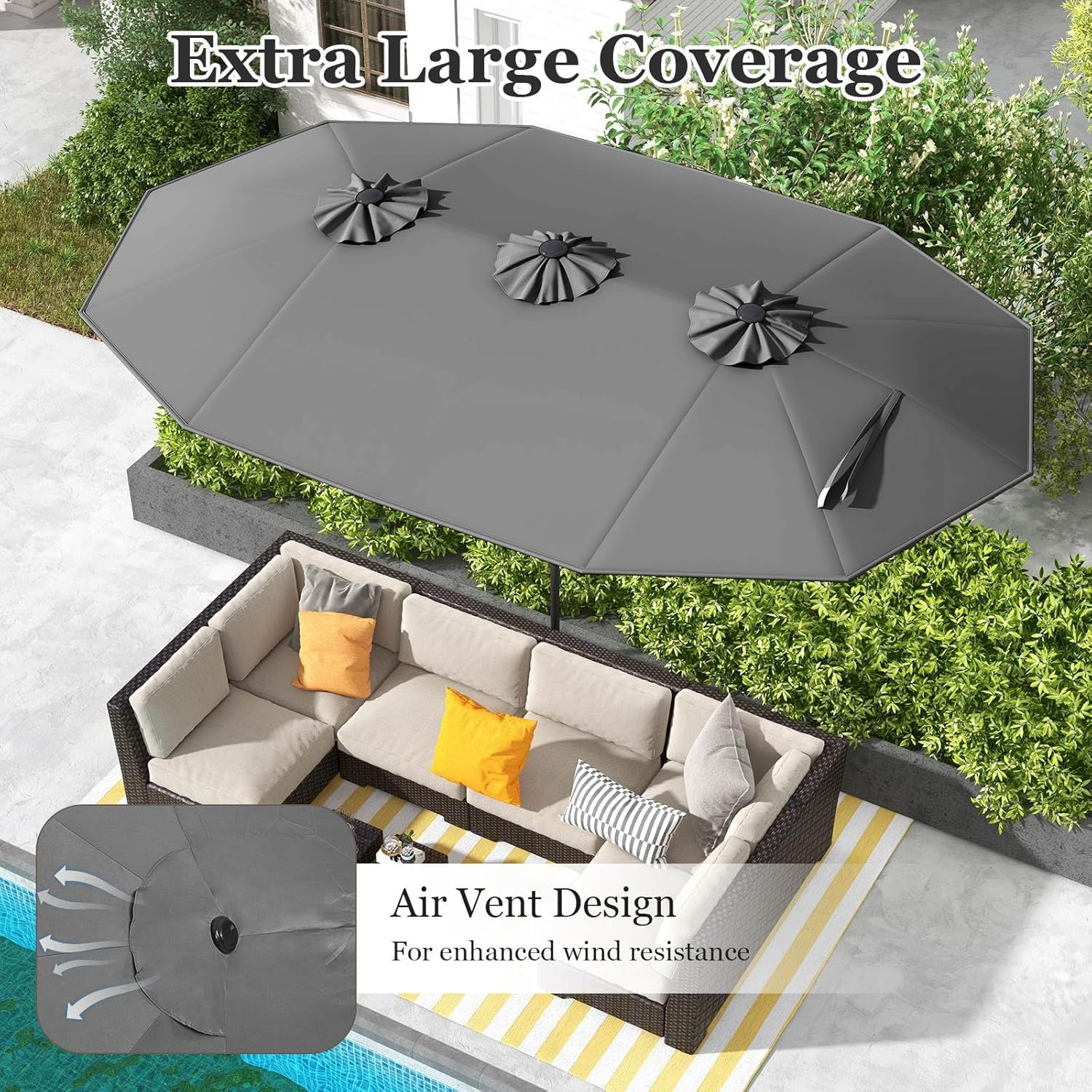 4.7M Double-Sided Patio Umbrella, Outdoor Extra Large Umbrella W/Hand-Crank System & Air Vents, Market Twin Umbrella with 12-Rib Sturdy Metal Frame for Poolside, Garden & Backyard image number 1