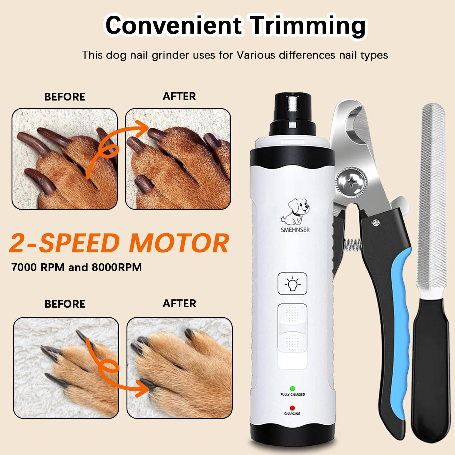 Bemuiz Dog Nail Grinder with Dog Nail Trimmers, 3 Pcs Dog Nail Clippers Kit for Large Medium Small Dogs & Cats, Quiet Electric 2-Speed USB Rechargeable Pet Nail Grinder with Light, Gifts for Dog Lovers image number 2