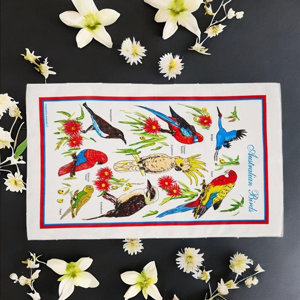 Printed Tea Towels 5Pcs 100% Cotton Floral Birds Print Australia Themed Dishtowel Set 48X80Cm for Australian Souvenirs Amazon,Christmas,Friend Gift (Random) image number 2