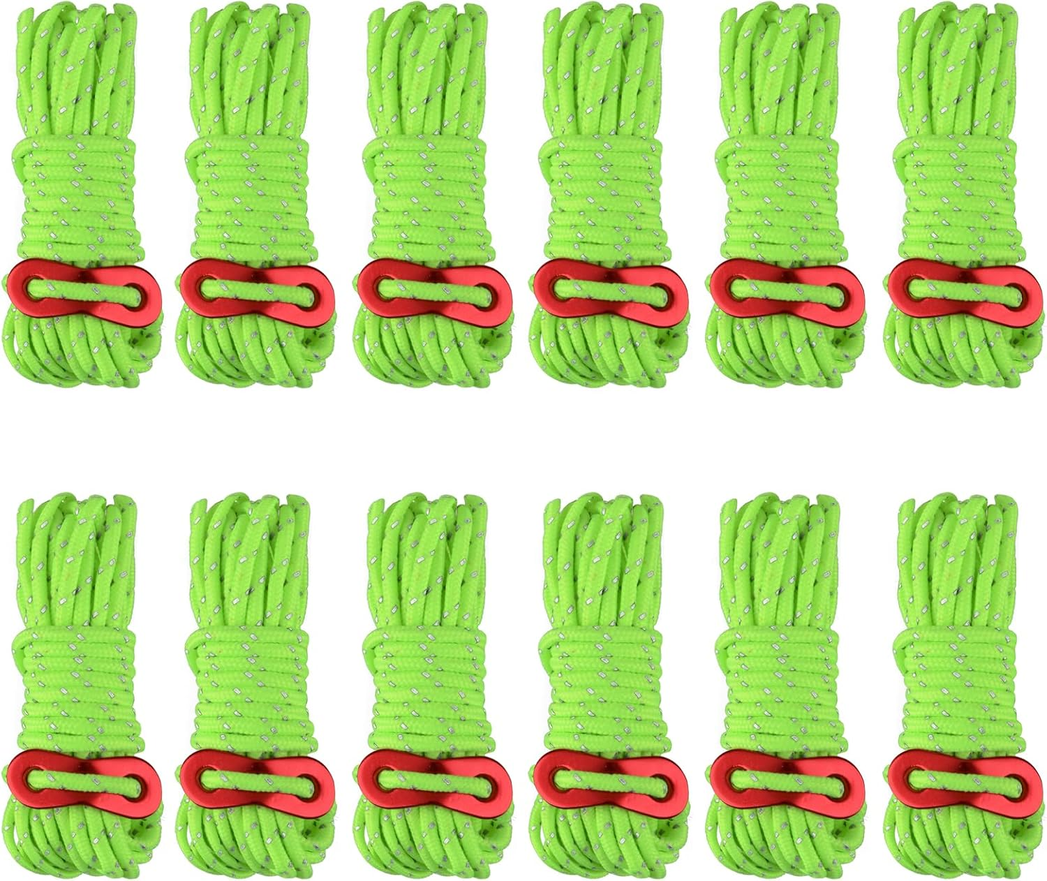 TRIWONDER Reflective Nylon Cord with Rope Adjusters, Tent Guyline Paracord Camping Rope for Tent, Tarp, Outdoor Packaging, Green - 6 Pack