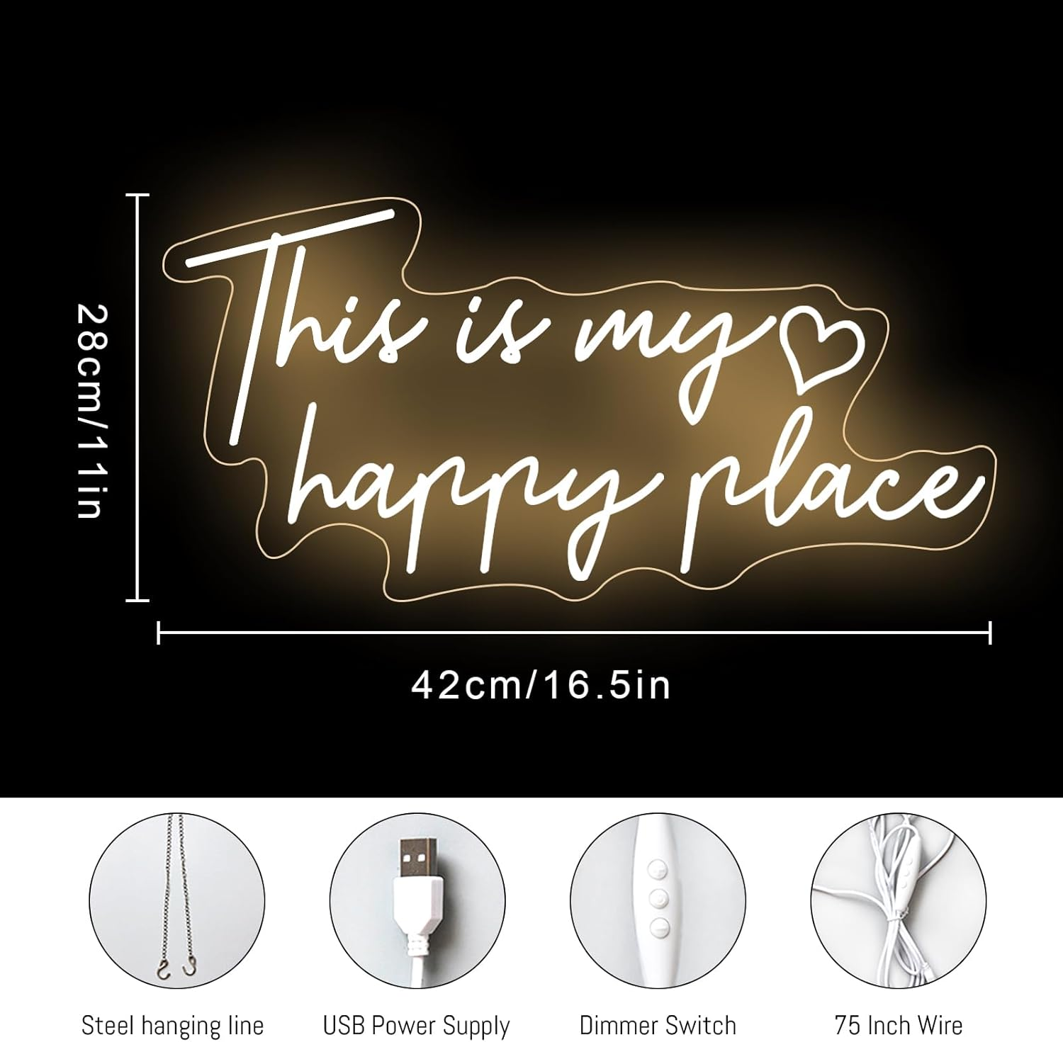 This Is My Happy Place Neon Sign Dimmable Warm White LED Neon Light Aesthetic Room Decor for Teen Girls Neon Light Signs for Bedroom, Salon,College Dorm, Wedding Party Decor Neon Classroom Sign image number 6