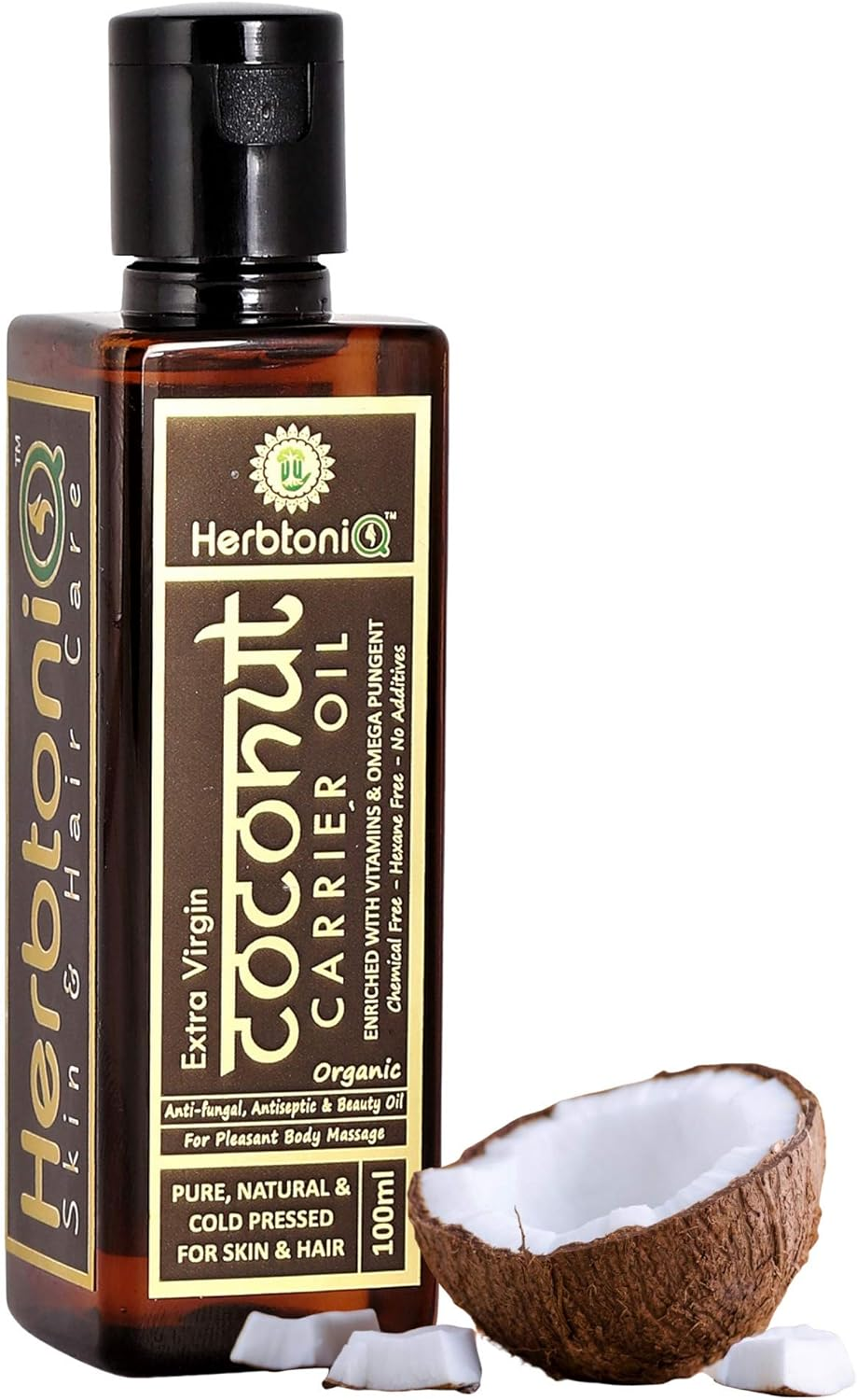 Herbtoniq Organic Extra Virgin Coconut (Cocos Nucifera) Cold Pressed Carrier Oil for Moisturizing, Healing, Dry Skin, Nail, Intensive Hair Care (100Ml, 3.38 Fl Oz) image number 1