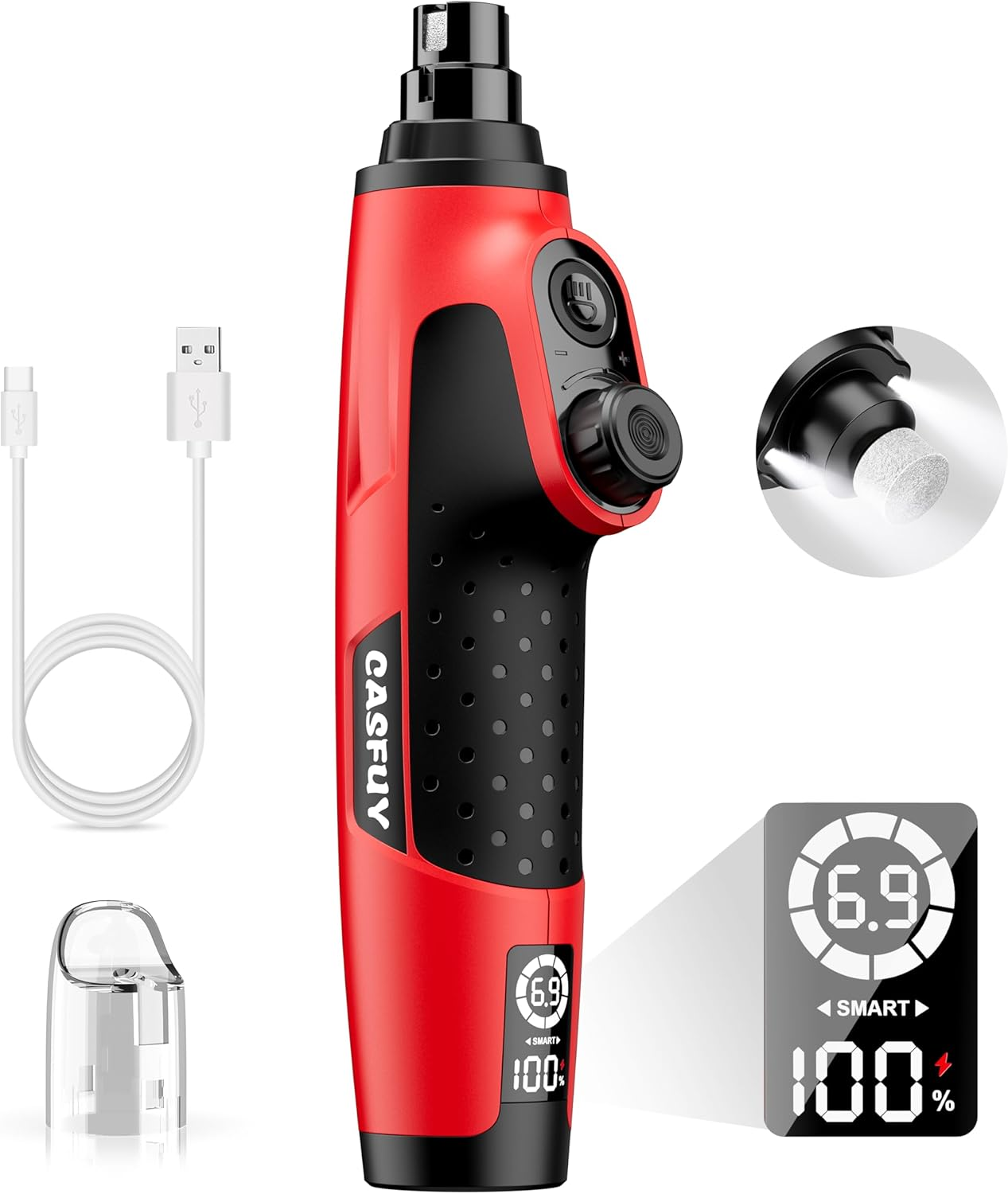 Casfuy Smart Dog Nail Grinder 6 Speeds - 50% More Power with 2 LED Lights Quiet Rechargeable for Small Medium Large Dogs Cats