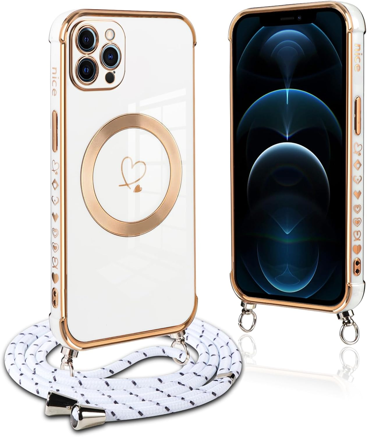 Pnakqil Mobile Phone Chain for Iphone 13 Pro Max Case with Strap, Compatible with Magsafe, Mobile Phone Case Ultra Thin Silicone Magnetic with Heart Love Pattern Protective Case with Cord for Iphone 13Pro Max 6.7 Inches, Pink