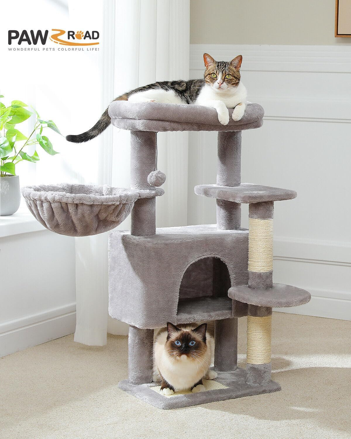 PAWZ Road Cat Tree for Indoor Cats, 88Cm Cat Tower with Top Perch, Cozy Hammock, Large Condo, Scratching Posts and Pad, Kitten Climbing and Dangling Ball image number 1