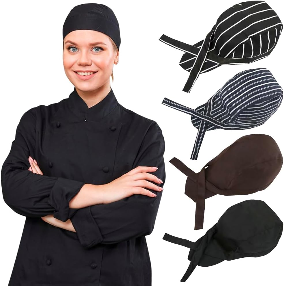 4 Pack Adjustable Tie Back Chef Cap - Breathable Cooking Kitchen Hat for Women & Men