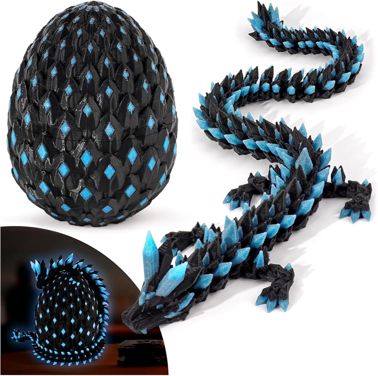 3D Printed Dragon in Egg, Full Articulated Crystal with Dragon Egg, Home Office Decor Executive Desk Toys, Adults Fidget Toys for Autism/Adhd (Laser Purple, 12") (Blue)