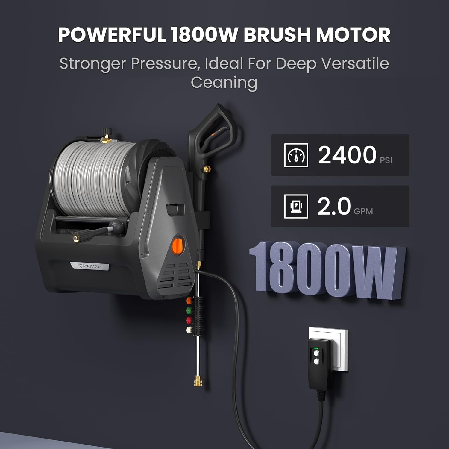 Giraffe Tools Grandfalls Pressure Washer Plus+, Max 2400 PSI, Wall Mounted Pressure Washer, 30 M Soft-Gray Pressure Hose, Retractable, Dark Silver image number 5