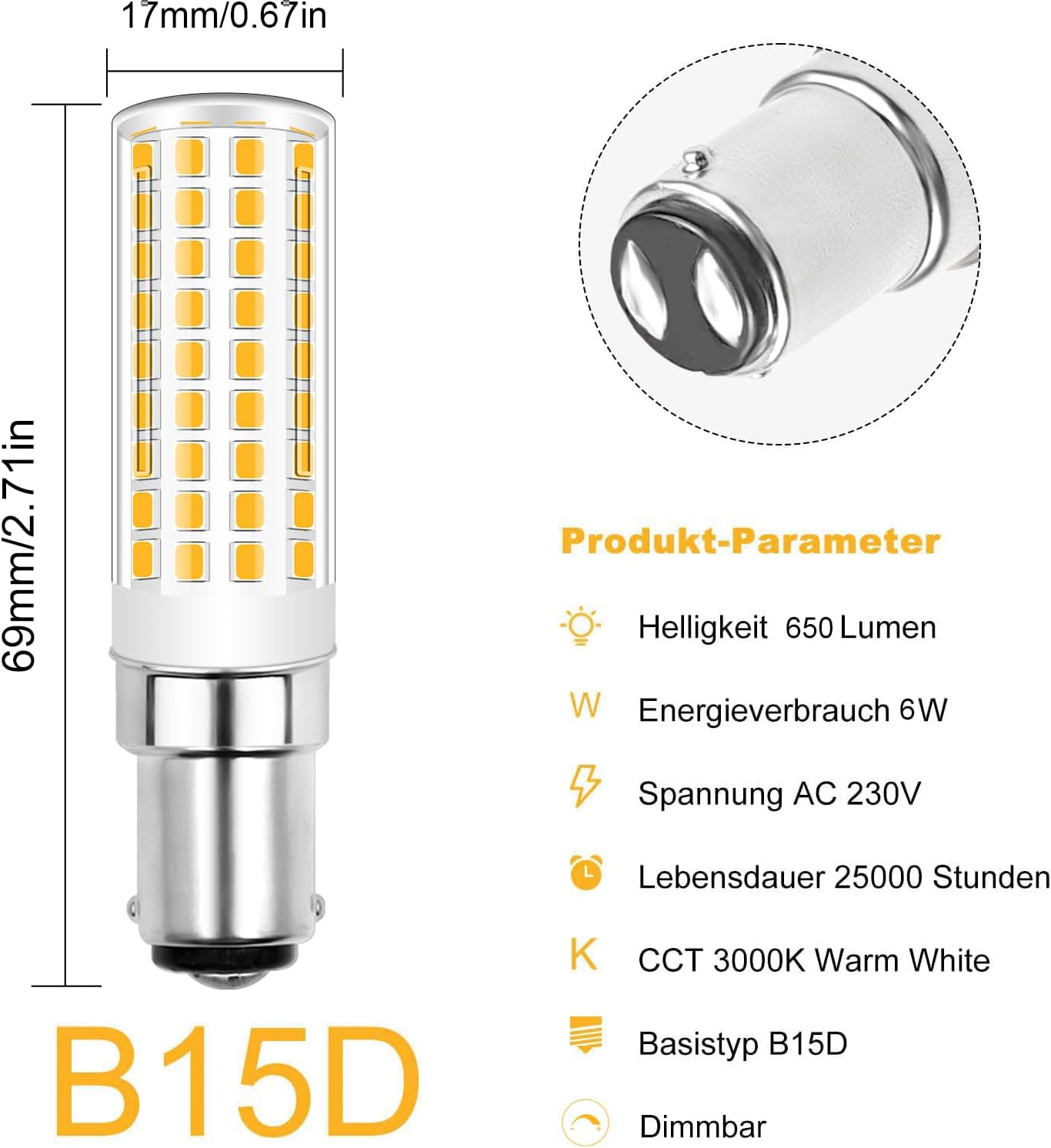 TRIJZHOU B15D Replacement 60W 70W Halogen Lamp LED, Dimmable Warm White 3000K 650LM, 6W LED Lamp AC 220-240V, Double Contact B15D for Ceiling Lights, Desk Lamps, Set of 3