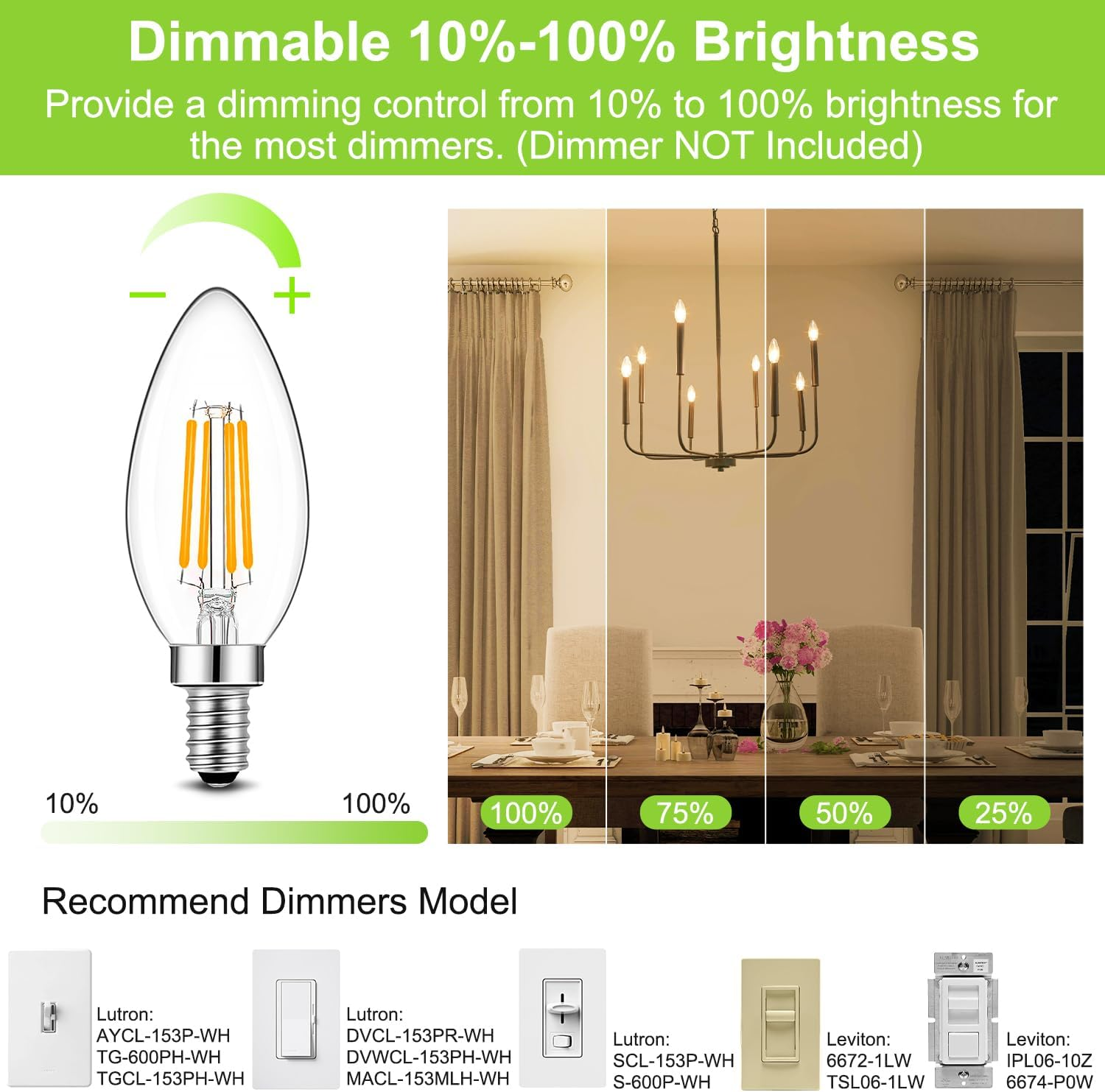 Spacelumen E14 Dimmable Small Edison Screw SES Candle Light Bulbs, 2700K Warm White 4W LED Light Bulb 40W Incandescent Equivalent, Pack of 10 image number 6