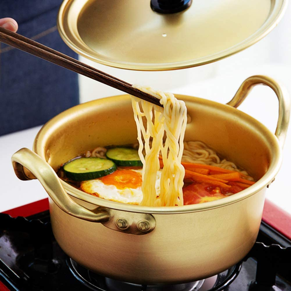 Korean Ramen Pot, Aluminum Alloy Yellow Noodle Pot with Lid Double Handle Fast Heating Ramen Noodle Pot for Kitchen Cookware (16Cm) image number 3