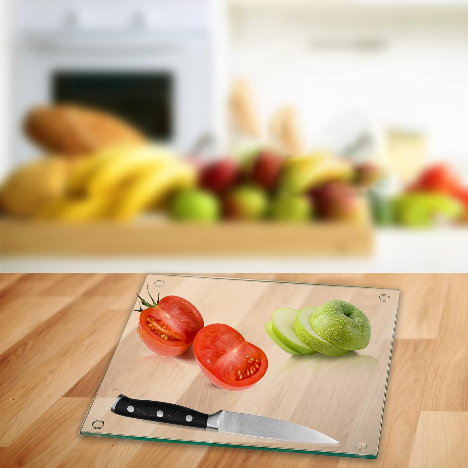 Hacaroa Set of 4 Tempered Glass Cutting Board, 10"X10" Square Chopping Board with Rubber Feet, Non-Slip Glass Tray for Kitchen Countertop, Long Lasting, Shatter-Resistant, Dishwasher Safe, Clear image number 2