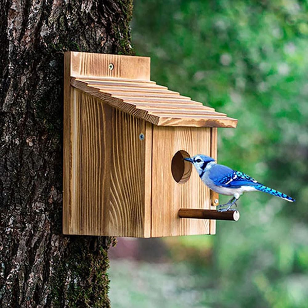 Wood Bird Houses for Outside, Bird Houses with Pole, Mounting Birdhouses for Bluebirds, Patio Barn Owl House for Bluebird, Garden Decorative Birds Nesting Box for Finch, Mockingbird, Cardinals image number 3
