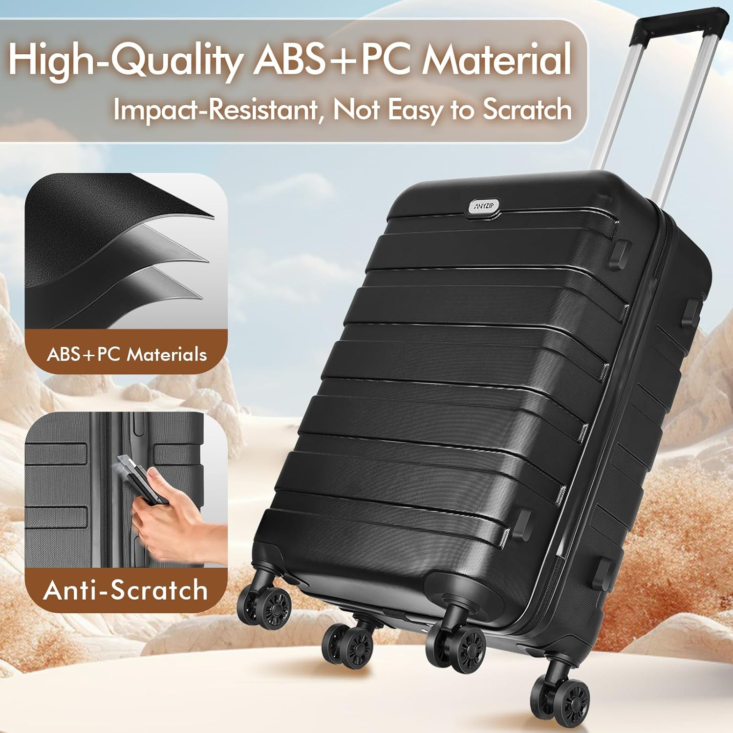 Anyzip Luggage Carry-On Lightweight Suitcase PC ABS Hardside Luggage with Spinner Wheels 20 Inch Black