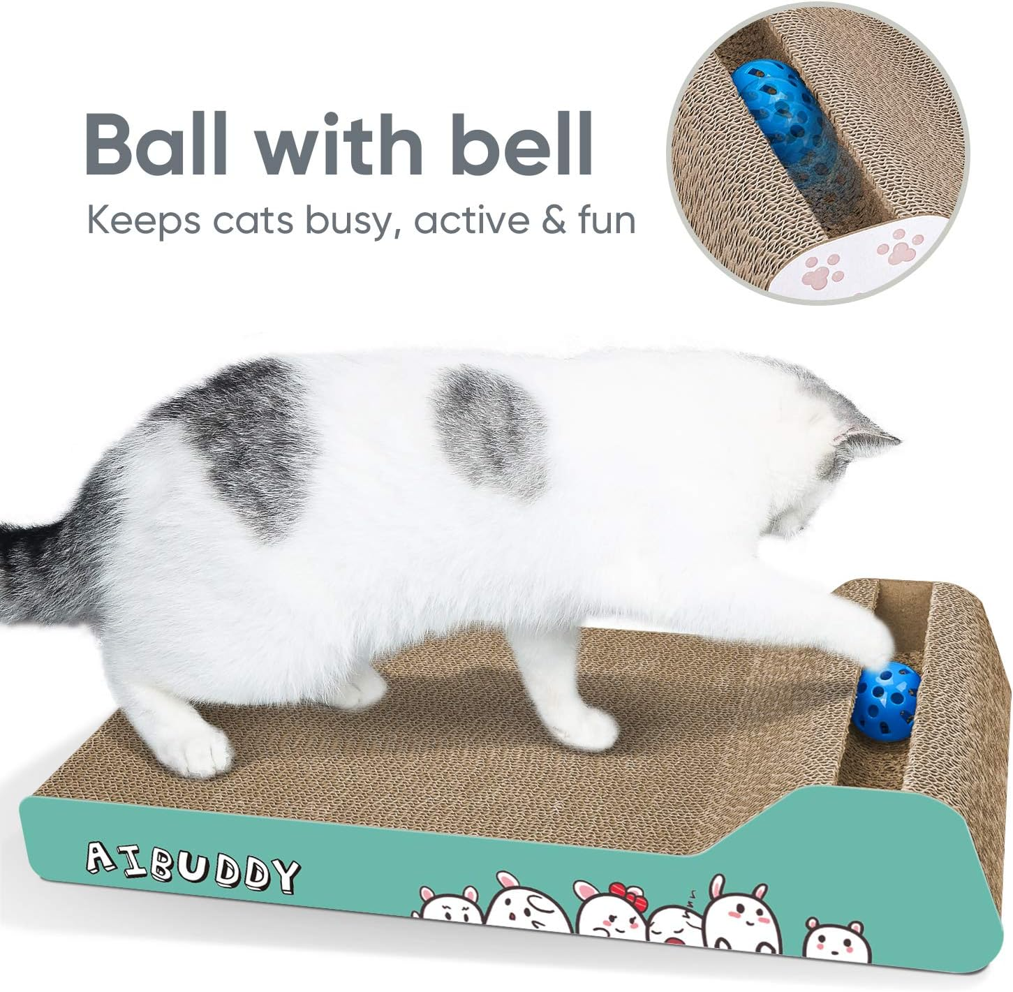 Aibuddy Cat Scratcher, Incline Scratching Pad Reversible Cardboard Lounge Bed with Ball Toy Catnip [ 45X 24 X 8.5 Cm, Superior Cardboard & Construction]